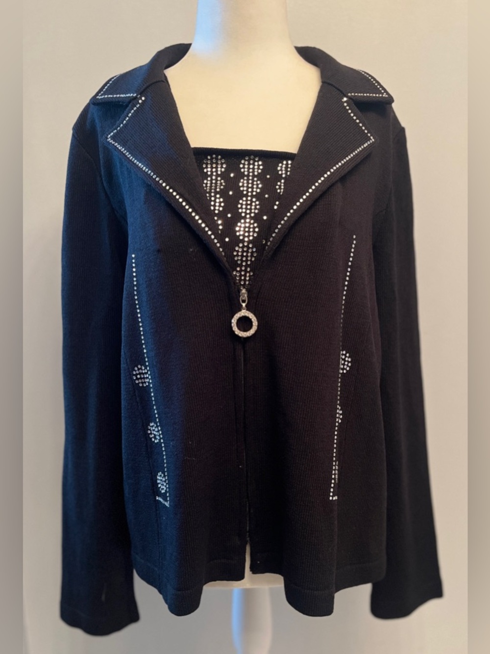 Anna Rossi wool blend rhinestone circular geometric pattern Black Cardigan Sz.16